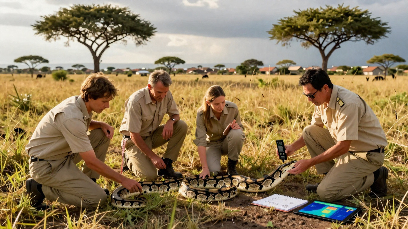 Quatro investigadores em campo seguram e examinam uma grande serpente numa savana com árvores e céu nublado.