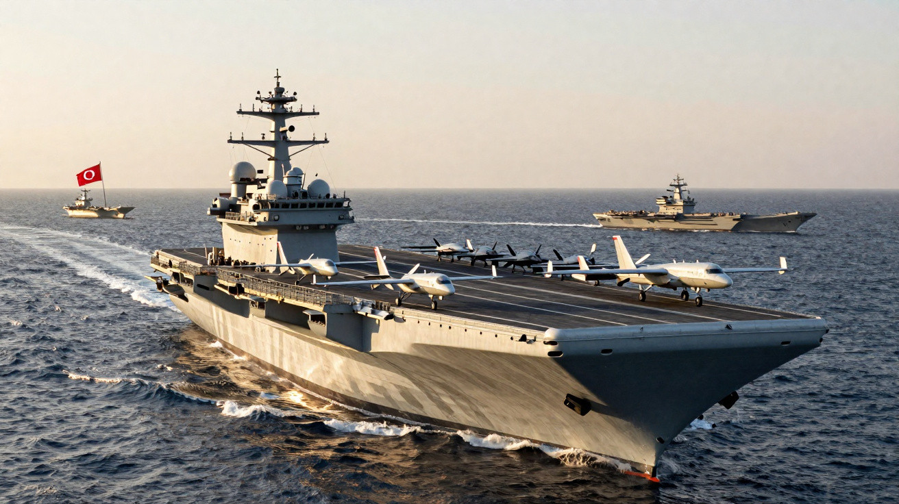 Porta-aviões militar com vários aviões não tripulados no convés, acompanhado por outros navios em mar calmo.