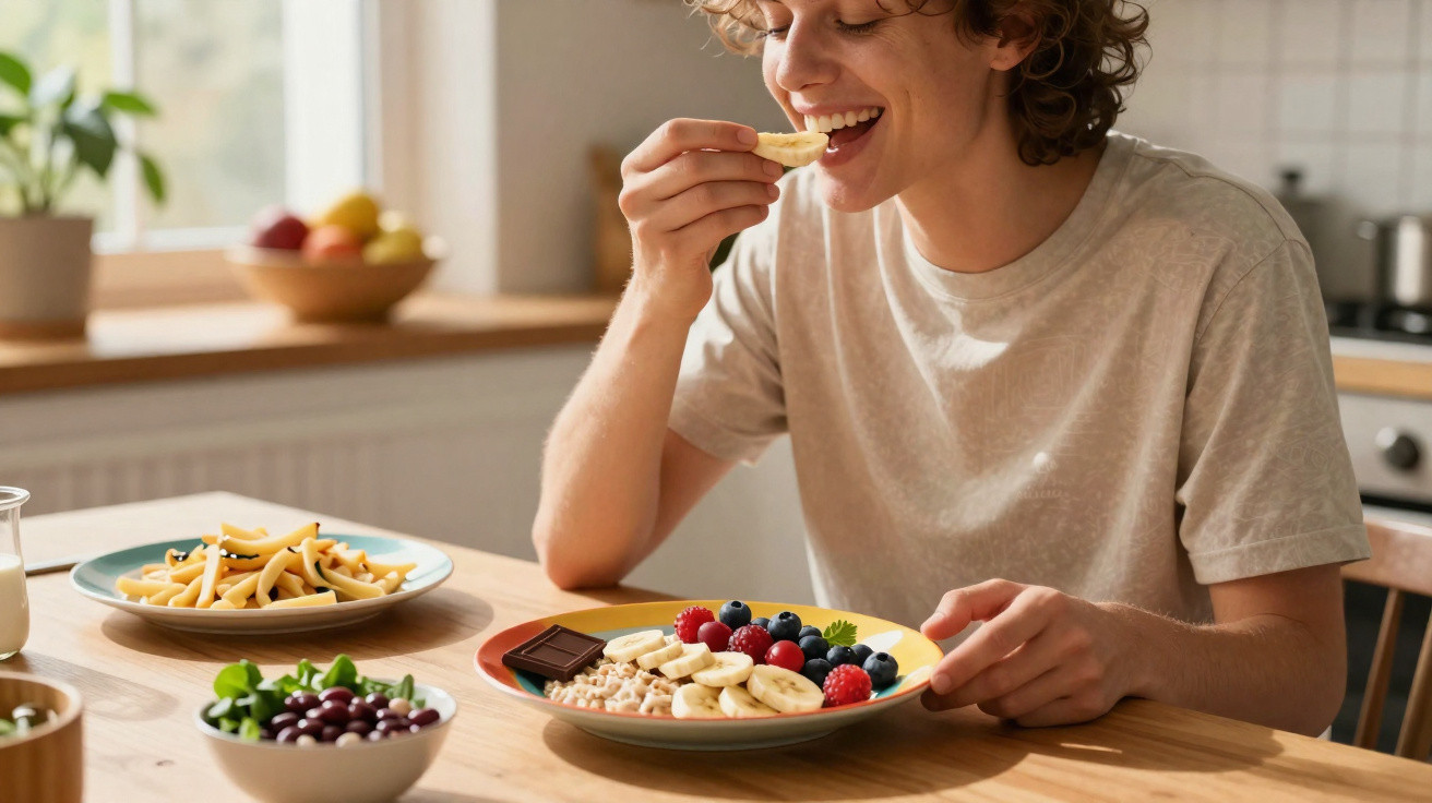 Pessoa sorridente a comer sobremesa com fruta e chocolate numa cozinha iluminada naturalemente.