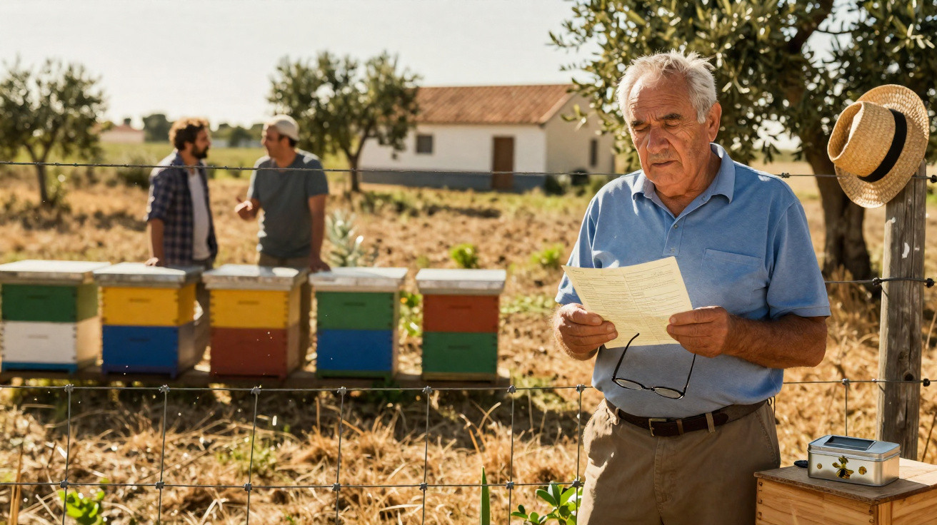 Homem sénior a ler um papel numa quinta com colmeias coloridas e duas pessoas ao fundo a conversar.