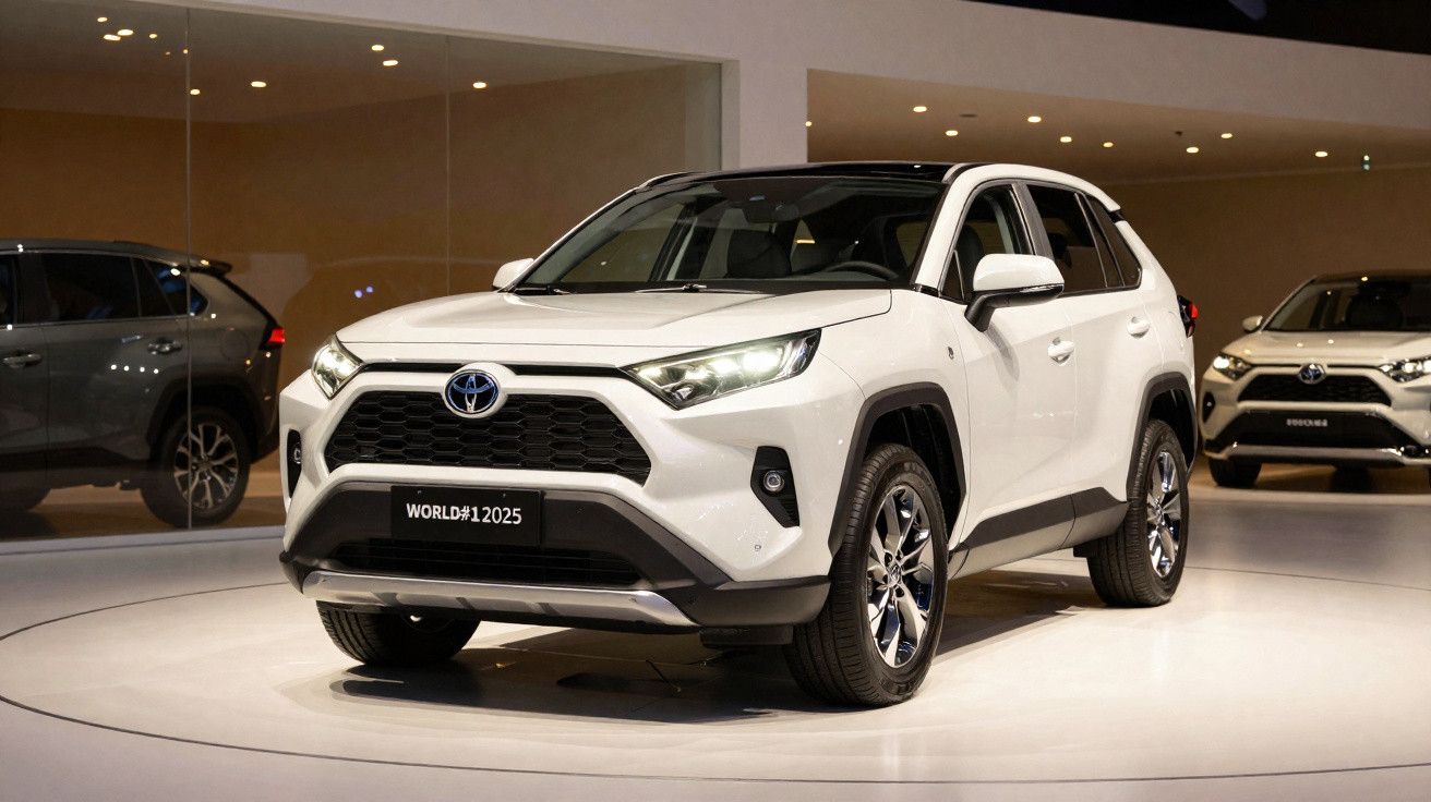 Carro Toyota SUV branco exposto em salão automóvel com reflexos em vidro e outro automóvel ao fundo.