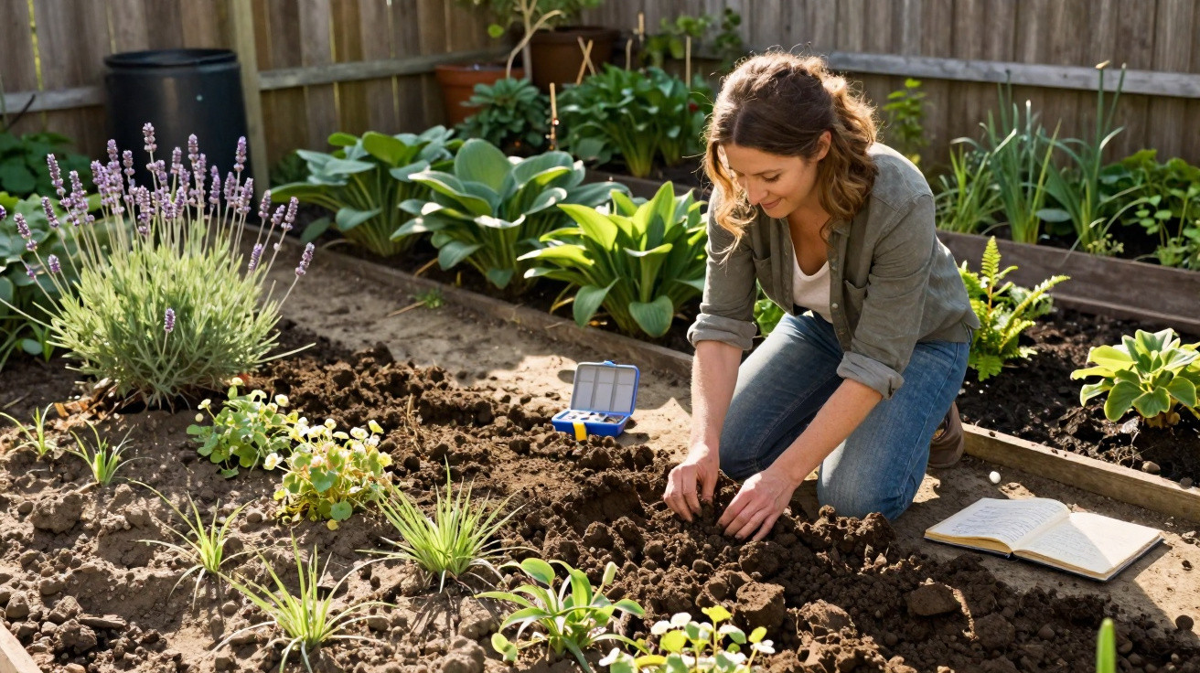Mulher a plantar sementes num jardim com terra solta e plantas, livro aberto ao lado.