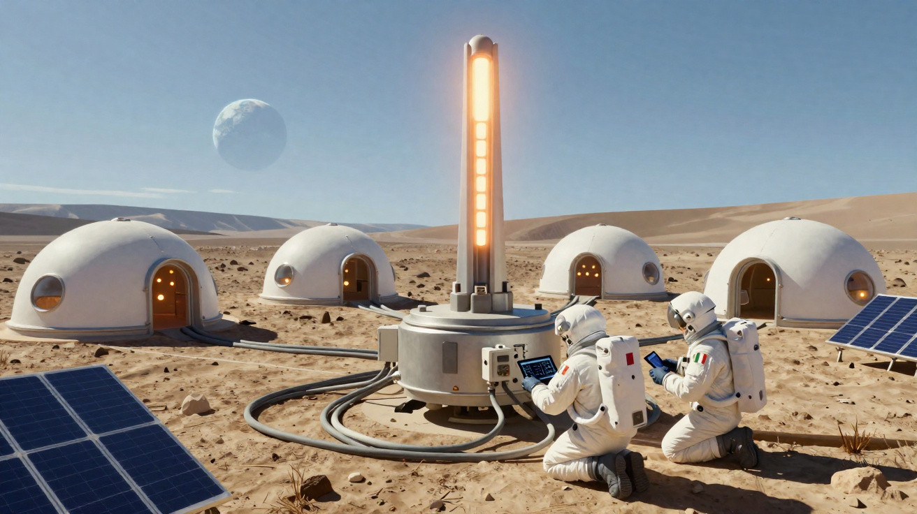 Colónia lunar com astronautas a operar equipamento junto a módulos habitacionais e painéis solares no solo marciano.