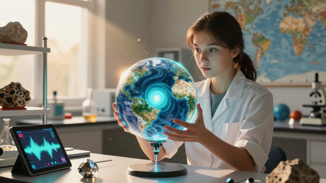 Jovem cientista a investigar modelo holográfico interativo do planeta Terra numa sala de laboratório.