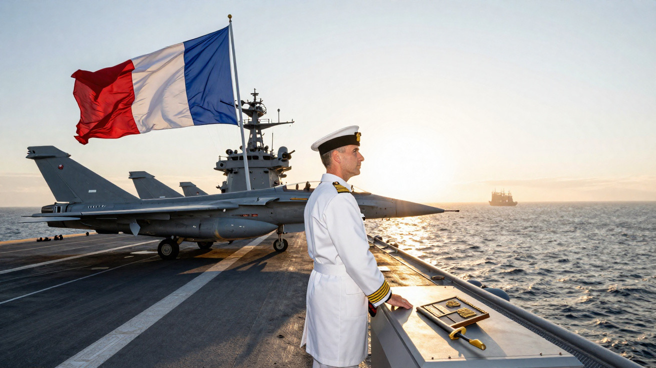 Oficial naval em uniforme branco no convés de porta-aviões francês com avião e bandeira da França ao pôr do sol.