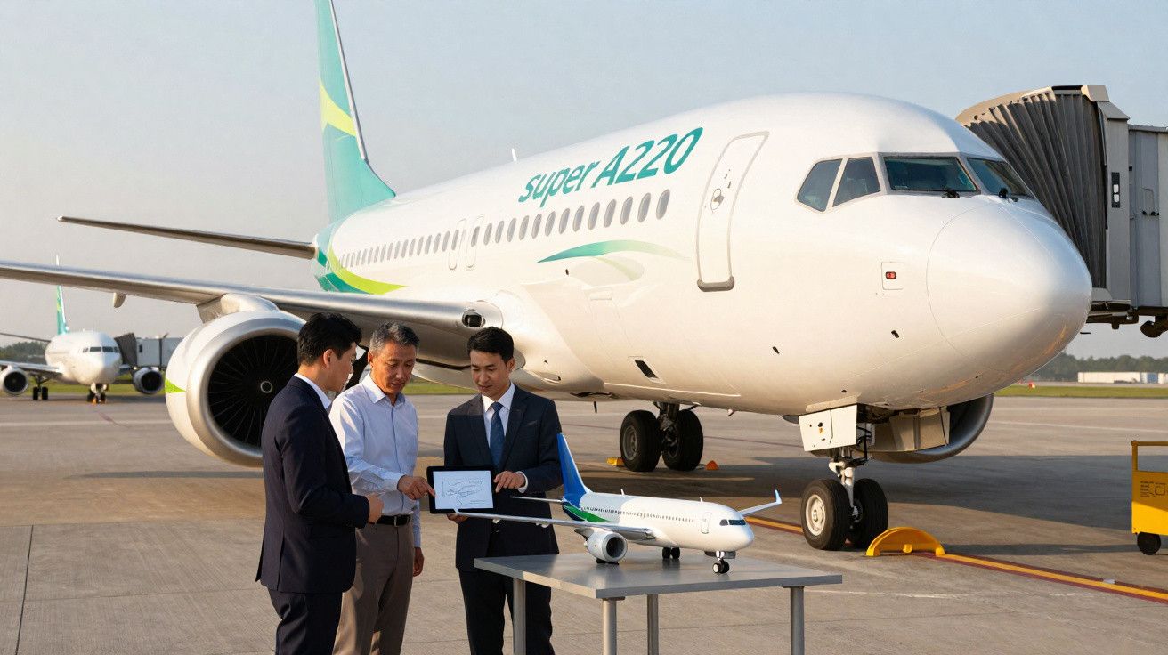 Três homens em fatos junto a modelo de avião em mesa, com avião super A220 estacionado na pista.