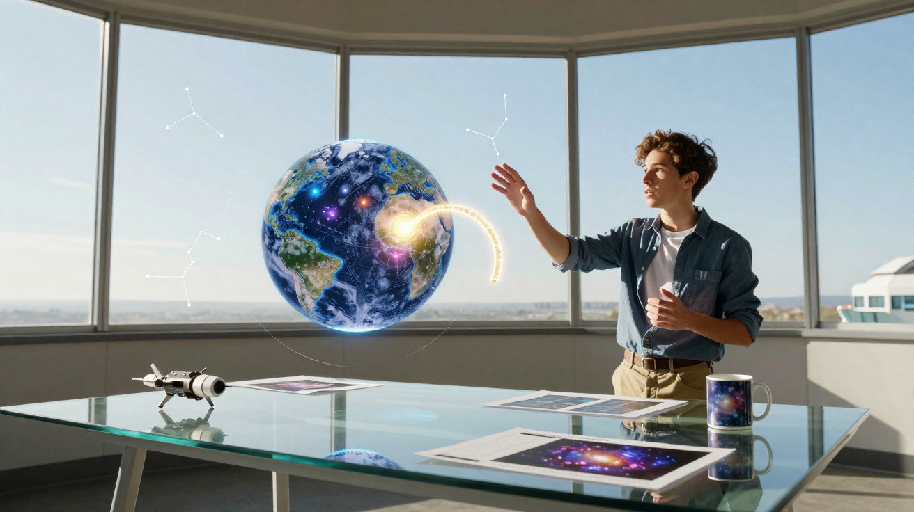 Homem numa sala com janelas grandes interage com holograma da Terra e dispositivos tecnológicos numa mesa de vidro.