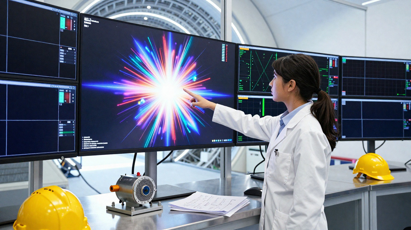 Mulher cientista em bata branca interage com ecrã tátil exibindo gráfico colorido num laboratório tecnológico.