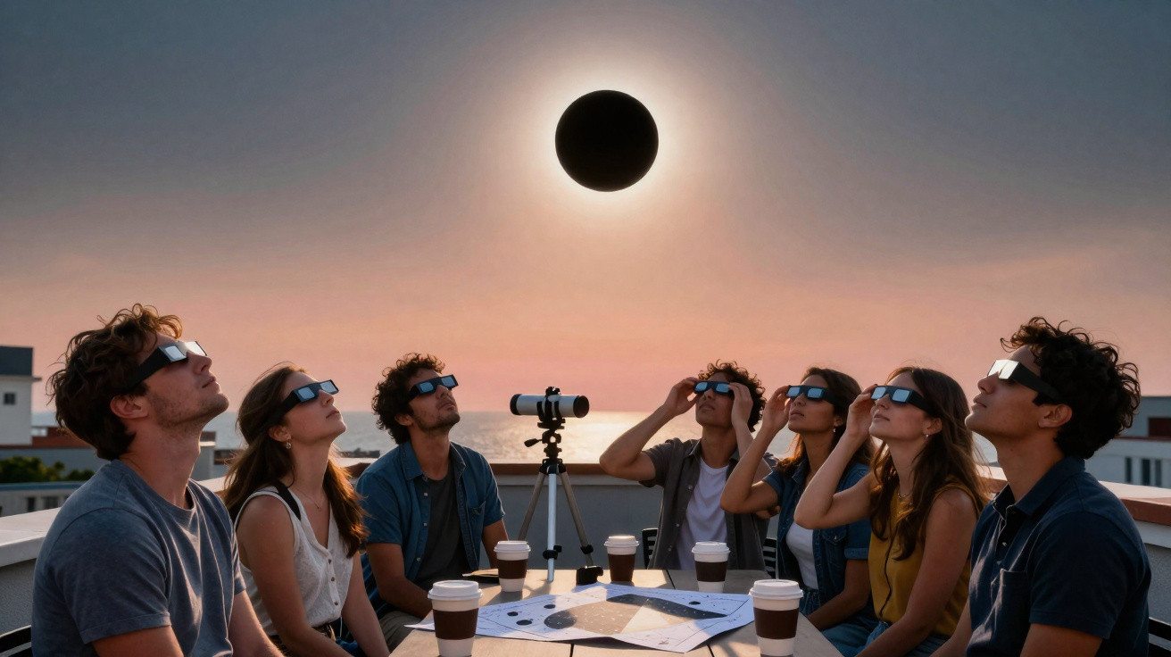 Seis pessoas com óculos de eclipse observam o eclipse solar total ao pôr do sol numa varanda com telescópio.