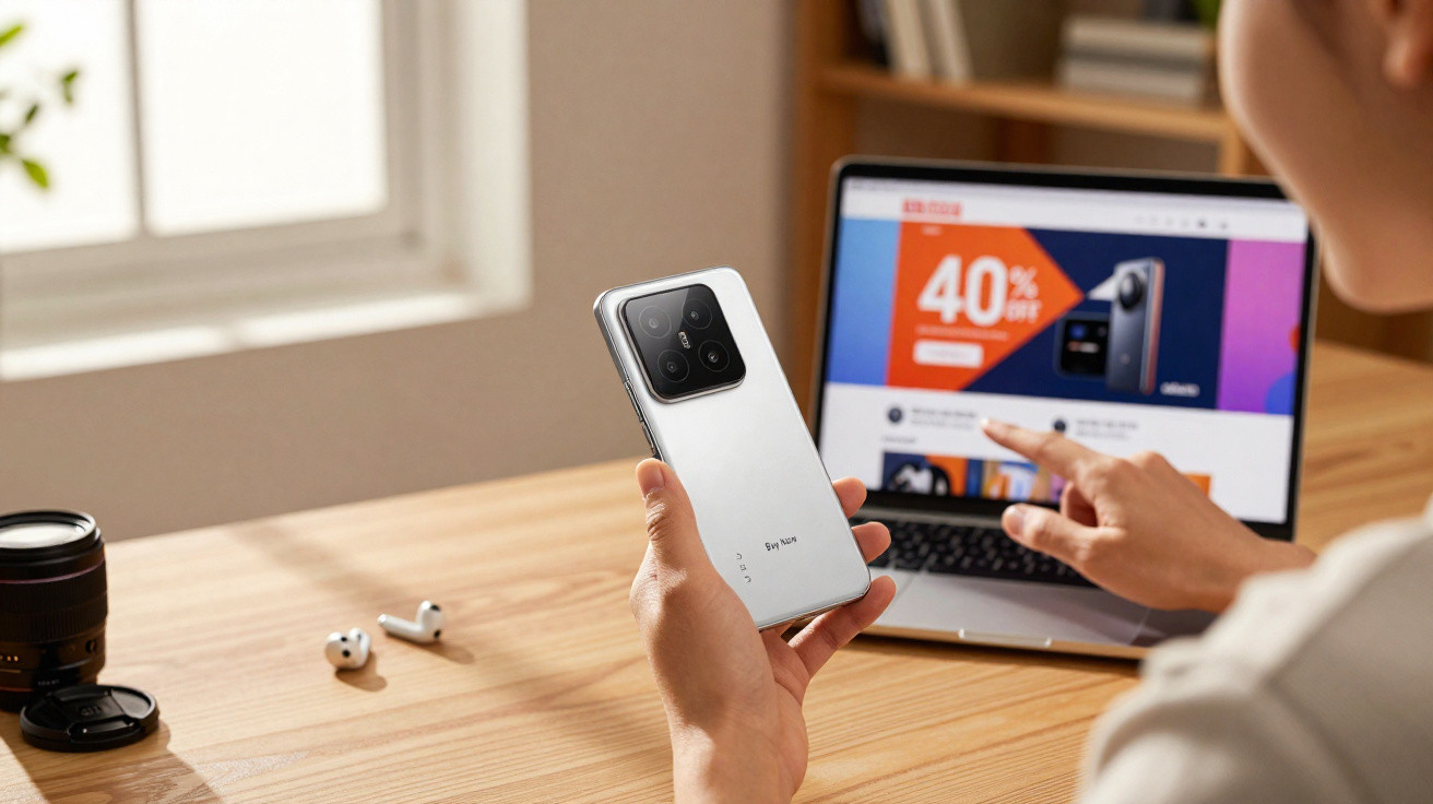 Pessoa segura smartphone e consulta laptop com promoção de 40% num site de tecnologia numa mesa de madeira.