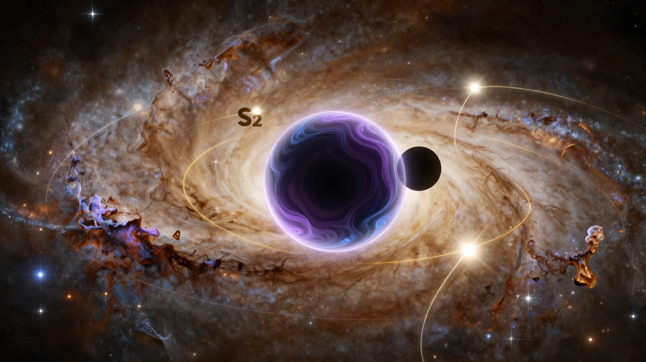 Ilustração de buraco negro com tons roxos rodeado por estrelas e nuvens cósmicas douradas e azuis.