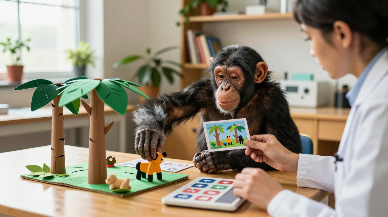 Chimpanzé a interagir com objetos enquanto investigadora segura cartão com imagem de árvores e animal.