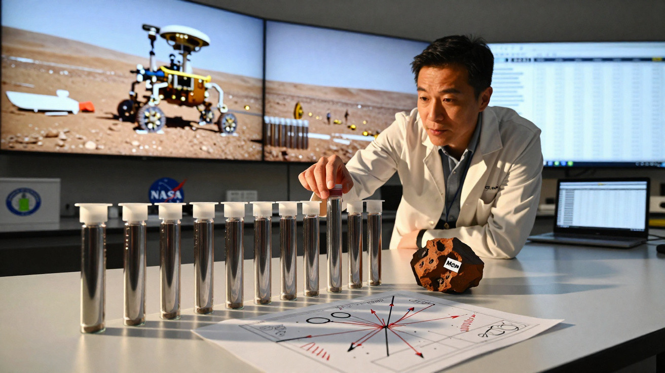 Cientista em laboratório analisa tubos de ensaio com amostras e superfície marciana em fundos de ecrãs.