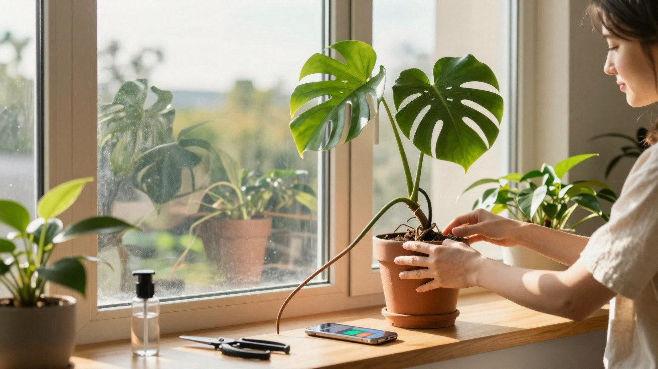 Mulher a cuidar de planta numa janela com várias plantas em vasos e luz natural.