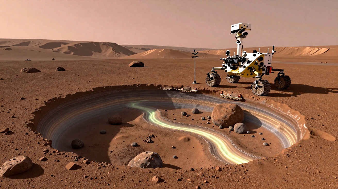 Rover a explorar uma cratera com depósitos brilhantes num terreno árido e desértico em Marte.