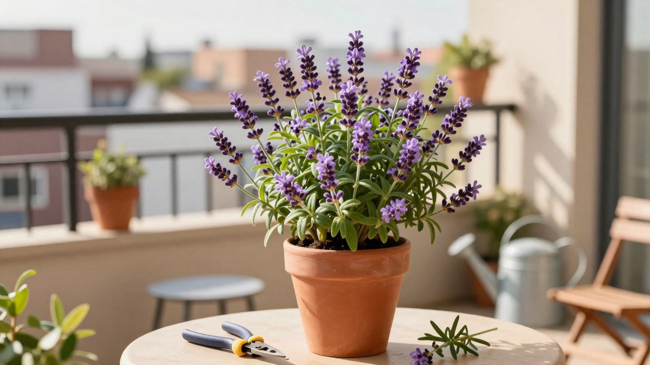 Vaso de barro com planta de lavanda numa mesa redonda numa varanda com cadeira e regador ao fundo.