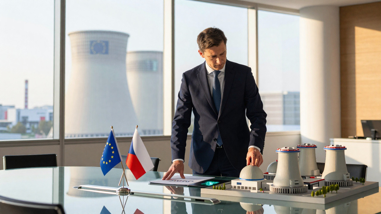 Homem de fato observa maquete de central nuclear numa sala com bandeiras da União Europeia e da República Checa.