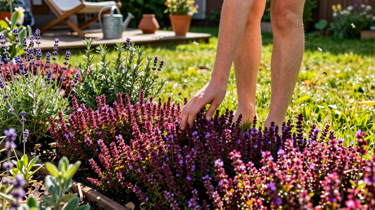 Mãos de uma pessoa a colher flores roxas num jardim ensolarado com plantas e relva ao fundo.