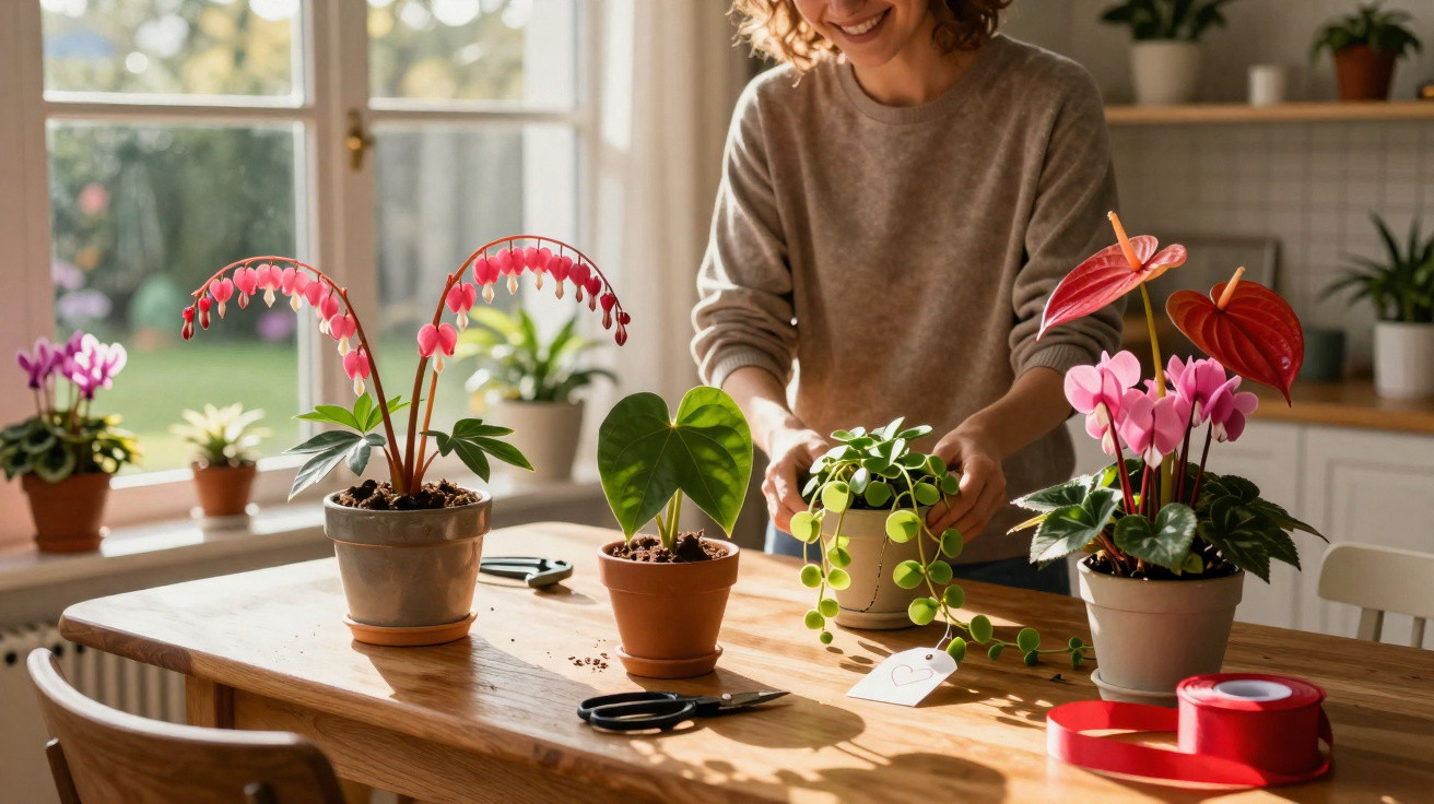 Pessoa a cuidar de plantas em vasos numa mesa de madeira junto a uma janela luminosa.