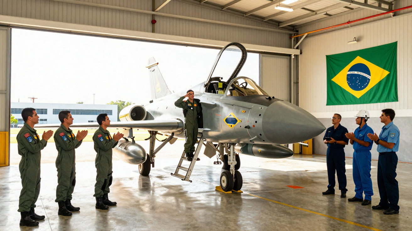 Militares brasileiros aplaudem piloto junto a avião de caça num hangar com bandeira do Brasil.