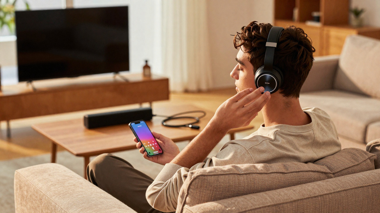 Homem sentado a ouvir música com auscultadores e a usar um smartphone numa sala de estar moderna.