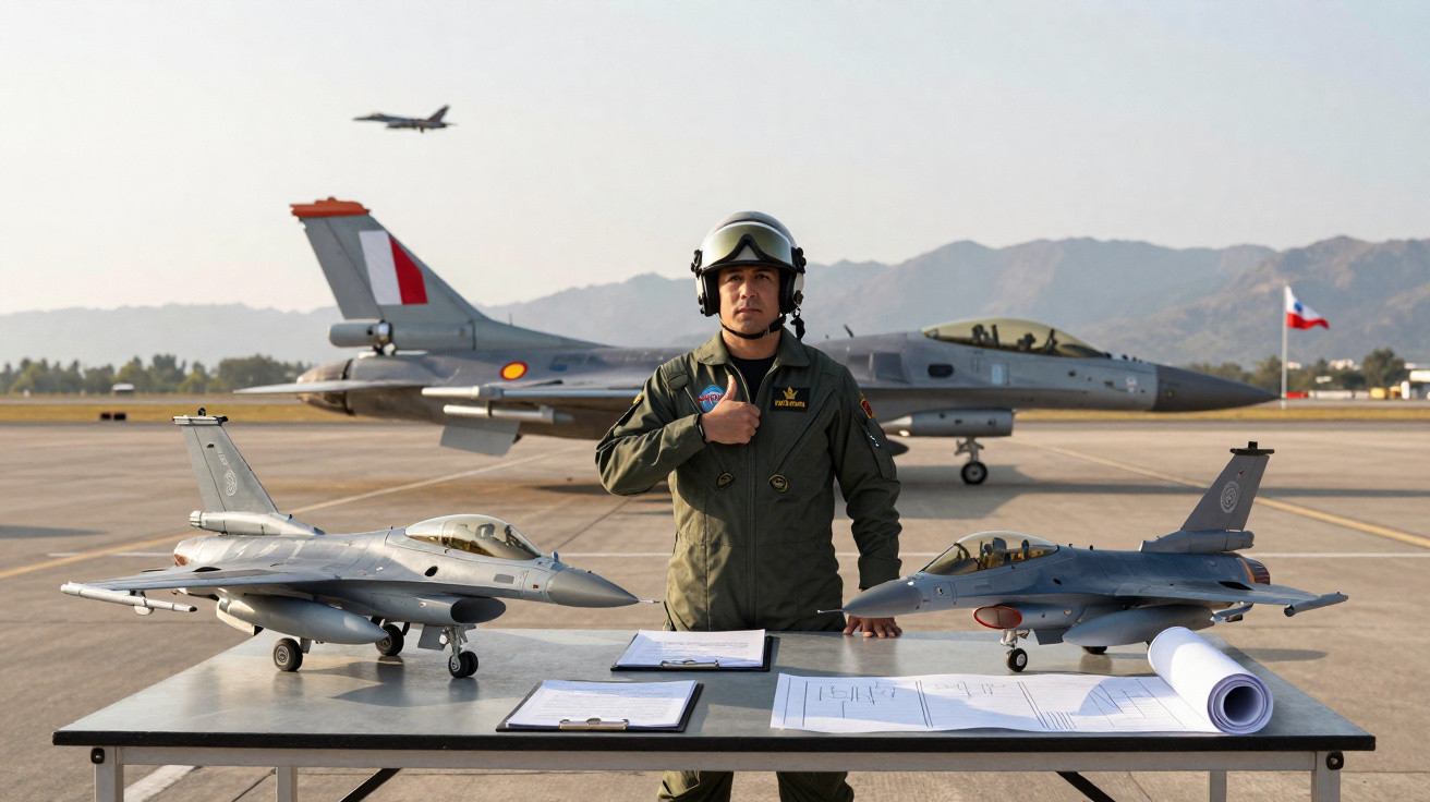 Piloto militar em pista com dois modelos de avião de combate e um caça real ao fundo.