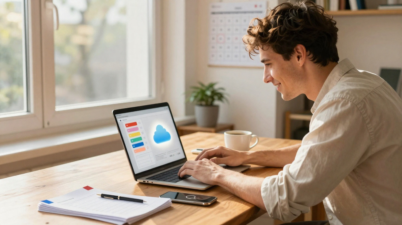 Homem a trabalhar num computador portátil com ícone de nuvem, numa mesa com caderno e telemóvel, perto de uma janela.
