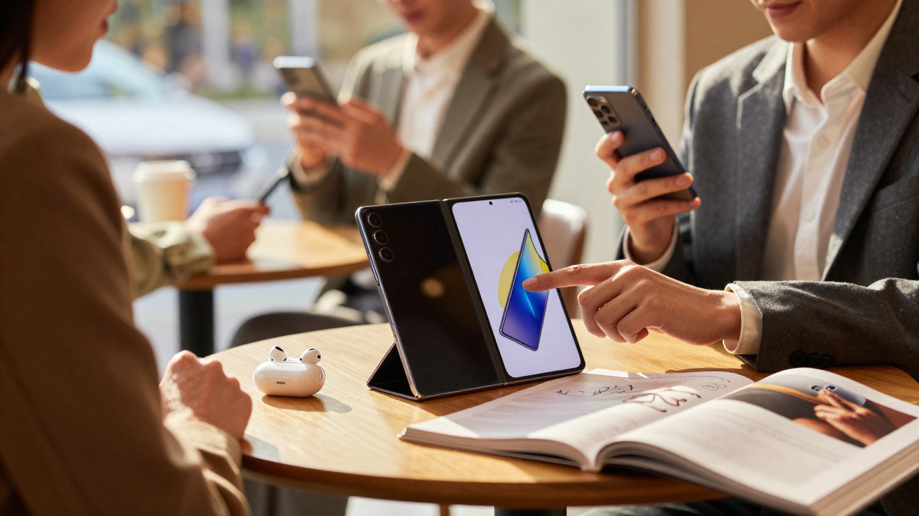 Pessoas sentadas numa mesa de café com smartphones, earbuds e um tablet dobrável em destaque.