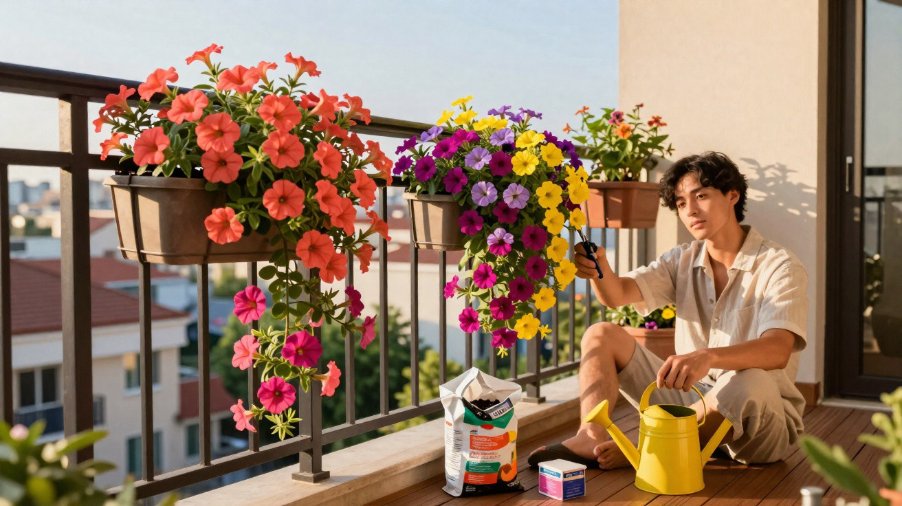 Jovem sentado numa varanda a cuidar de flores em vasos coloridos presos ao corrimão.