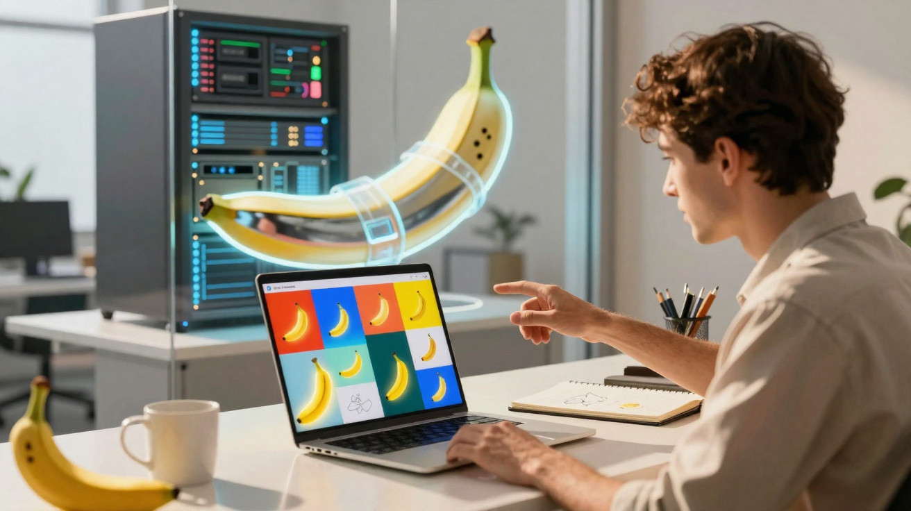 Homem a analisar imagens de bananas num portátil com banana holográfica e servidor ao fundo.