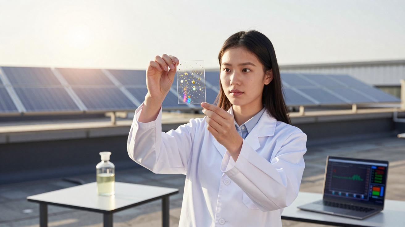 Mulher cientista em bata branca analisa material transparente com painéis solares e laptop ao fundo.