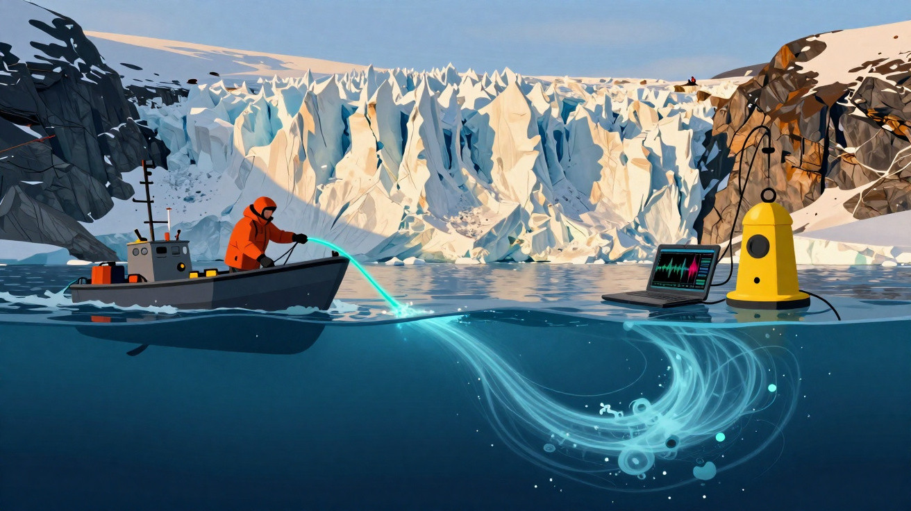 Pesquisador em barco perto de geleira com equipamento tecnológico a analisar águas e ambiente marinho polar.