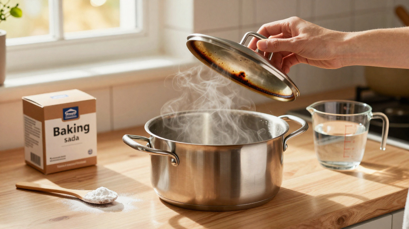 Panela de inox com tampa levantada e vapor, colher com fermento em pó e copo de água na bancada.