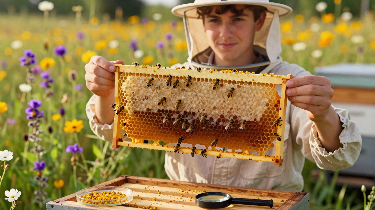 Apicultor a segurar quadro de favo com abelhas num campo florido ao nascer do sol.