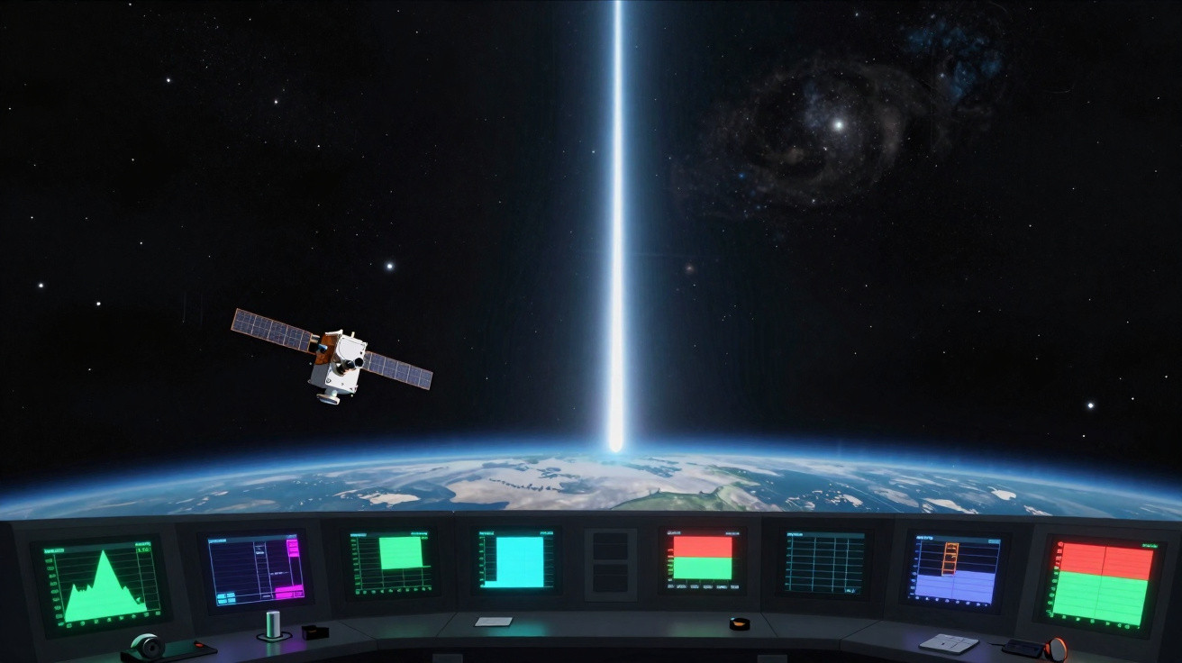 Estação espacial com monitores a observar um satélite e um feixe de luz vindo da Terra no espaço.