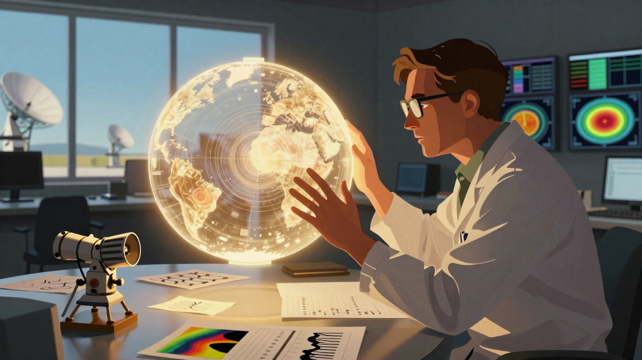 Cientista num laboratório a analisar um globo digital luminoso com mapas e dados científicos.