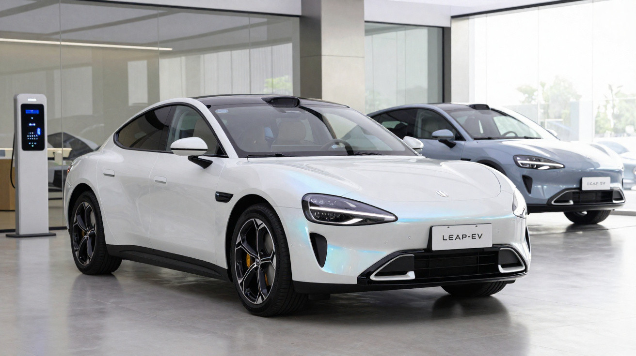 Dois carros elétricos LEAP-EV estacionados numa sala de exposições moderna, com estação de carregamento visível.