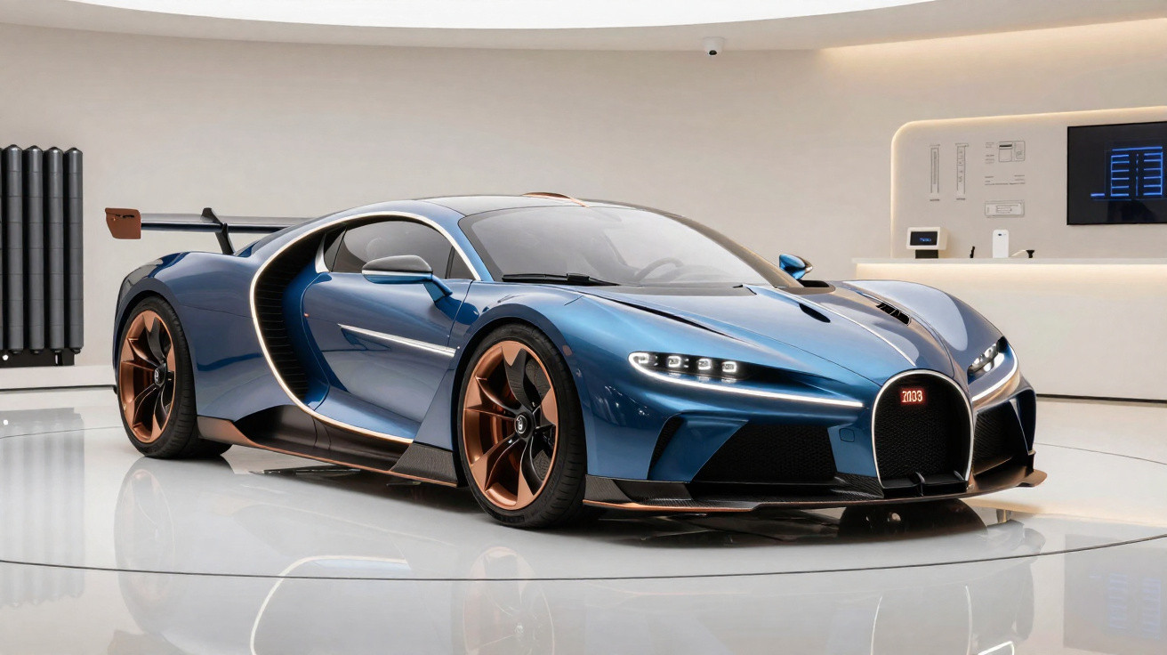 Carro desportivo azul metálico com detalhes em cobre e design aerodinâmico exposto em showroom moderno.