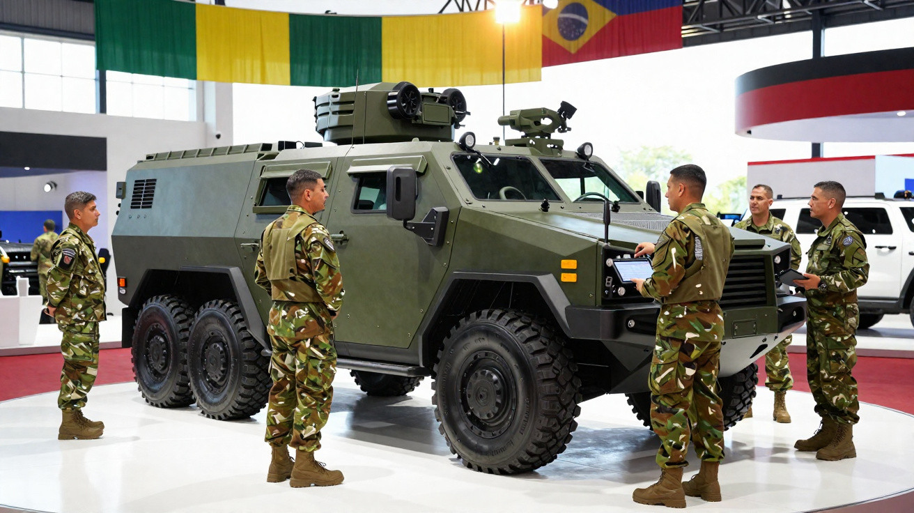Veículo militar blindado verde rodeado por cinco soldados em uniforme camuflado num salão de exposição.