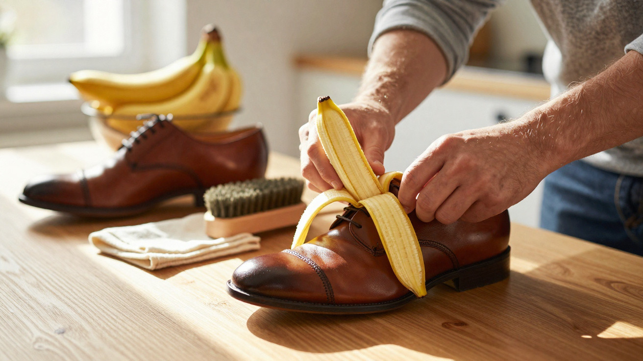 Pessoa a descascar uma banana dentro de um sapato castanho sobre uma mesa de madeira.
