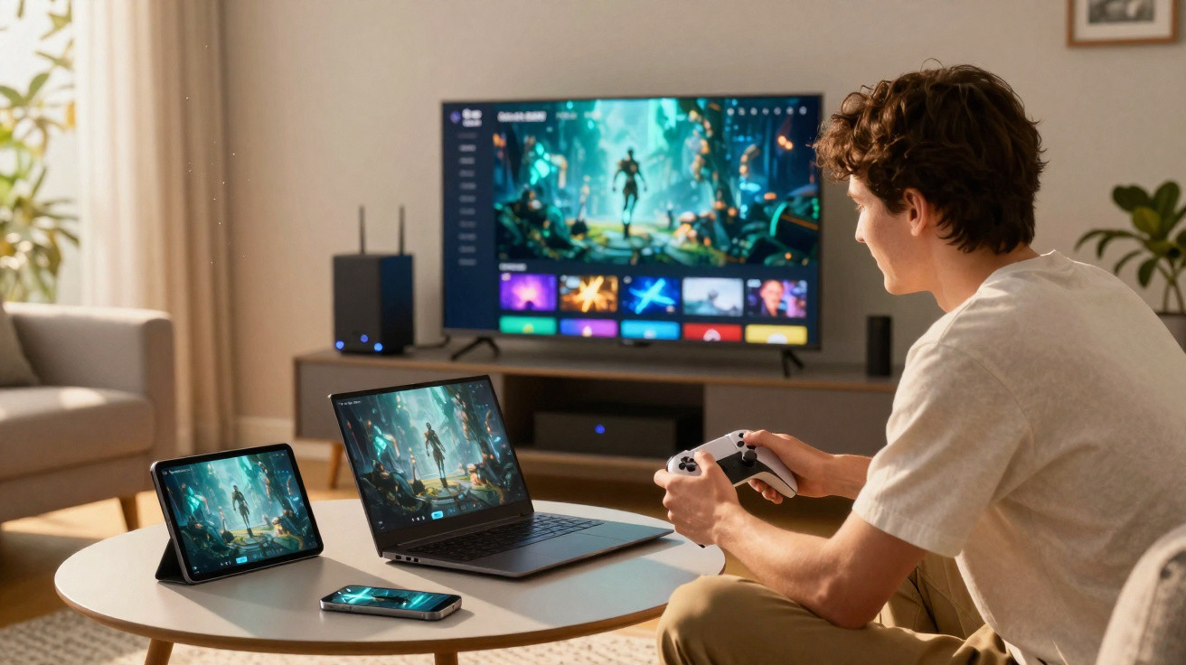 Jovem sentado no sofá a jogar videojogos com comando, ecrã grande, portátil, tablet e telemóvel sobre a mesa.