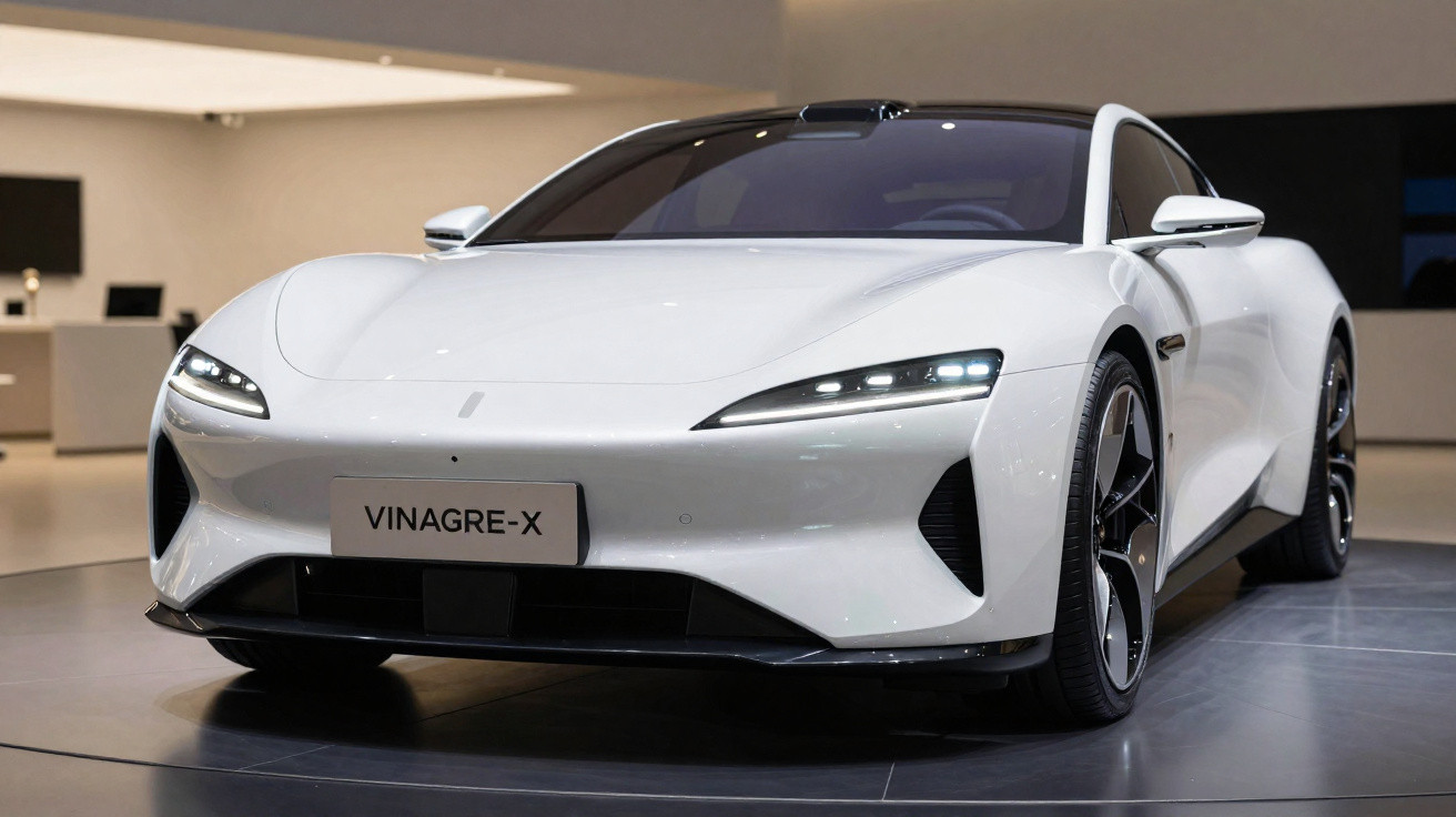 Carro desportivo elétrico branco Vinagre-X em exposição, visto de frente em ambiente interior moderno.