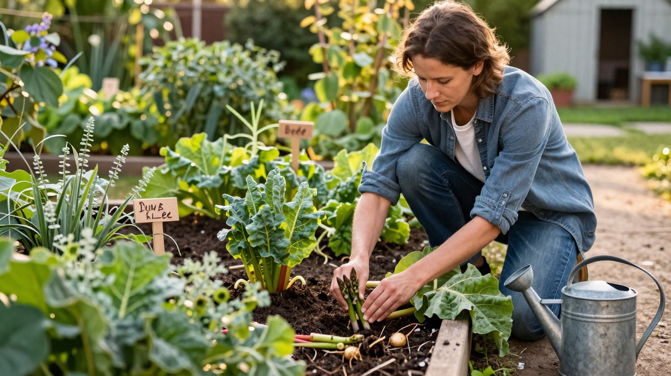 Mulher a colher espargos na horta, rodeada de várias plantas e regador metálico ao lado.