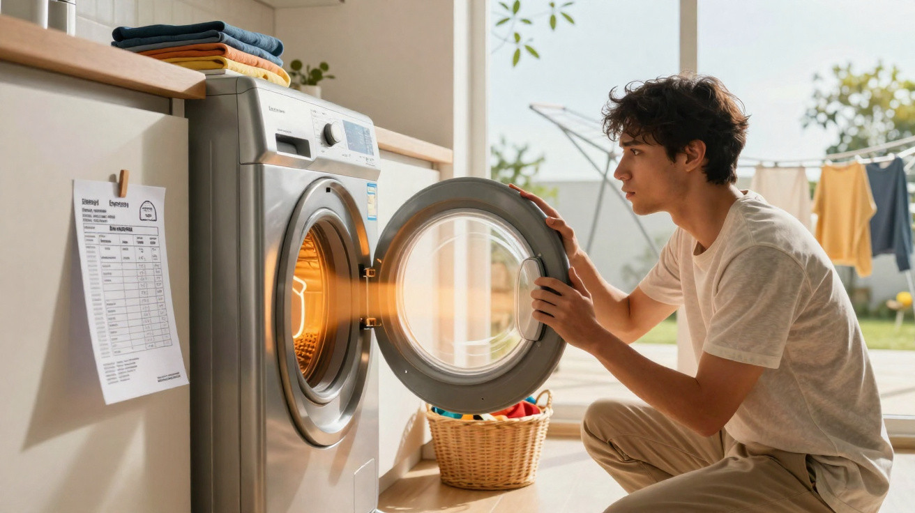 Jovem a abrir a porta da máquina de lavar roupa numa divisão luminosa com roupa estendida no exterior.