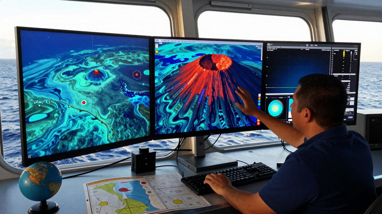 Homem analisa visualizações digitais coloridas de vulcão em erupção em dois monitores num navio.