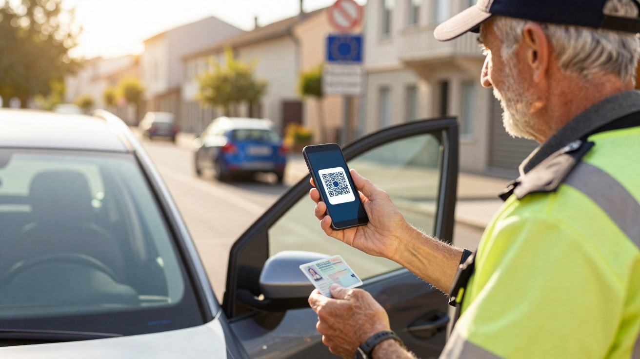 Polícia a verificar identidade e código QR no telemóvel junto a um carro estacionado numa rua.