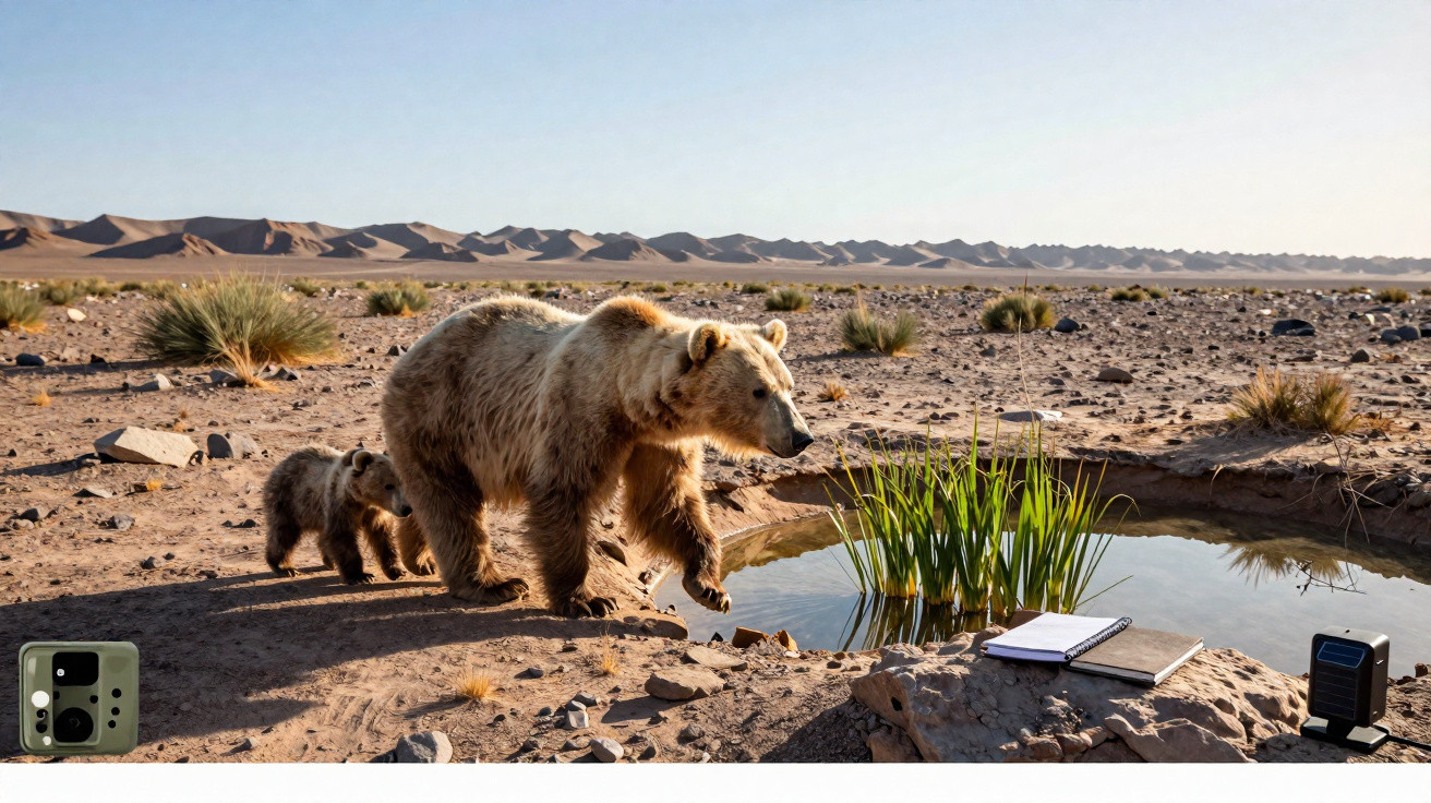 Ursa adulta e filhote perto de um pequeno lago num deserto com equipamento de observação animal.