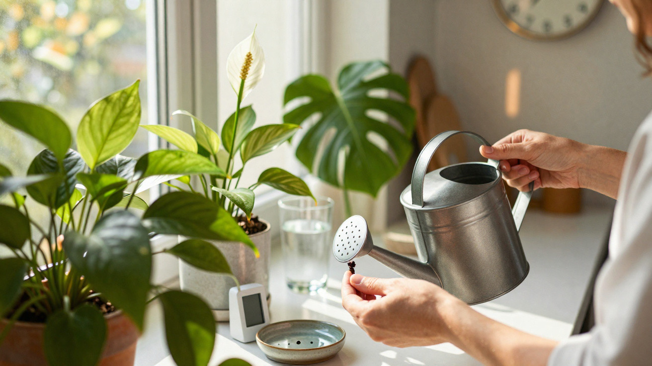 Pessoa a regar plantas verdes em vasos perto de uma janela ensolarada numa cozinha.