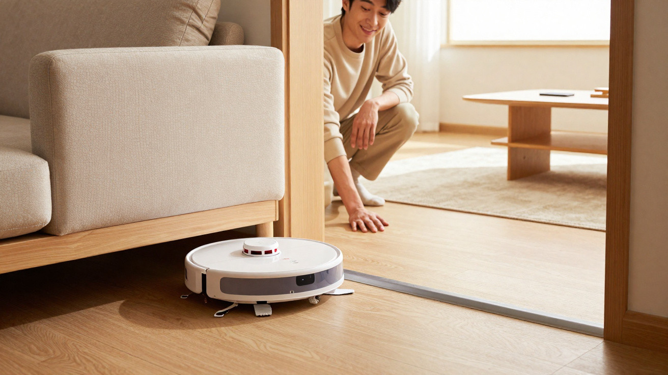 Homem observa aspirador robot a limpar chão de madeira numa sala acolhedora e iluminada.
