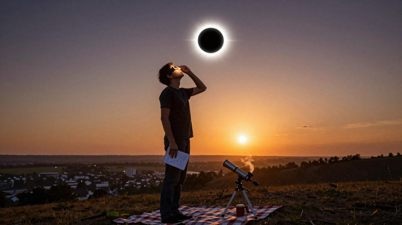 Pessoa a observar eclipse solar com óculos especiais numa colina ao pôr do sol, próximo de um telescópio.